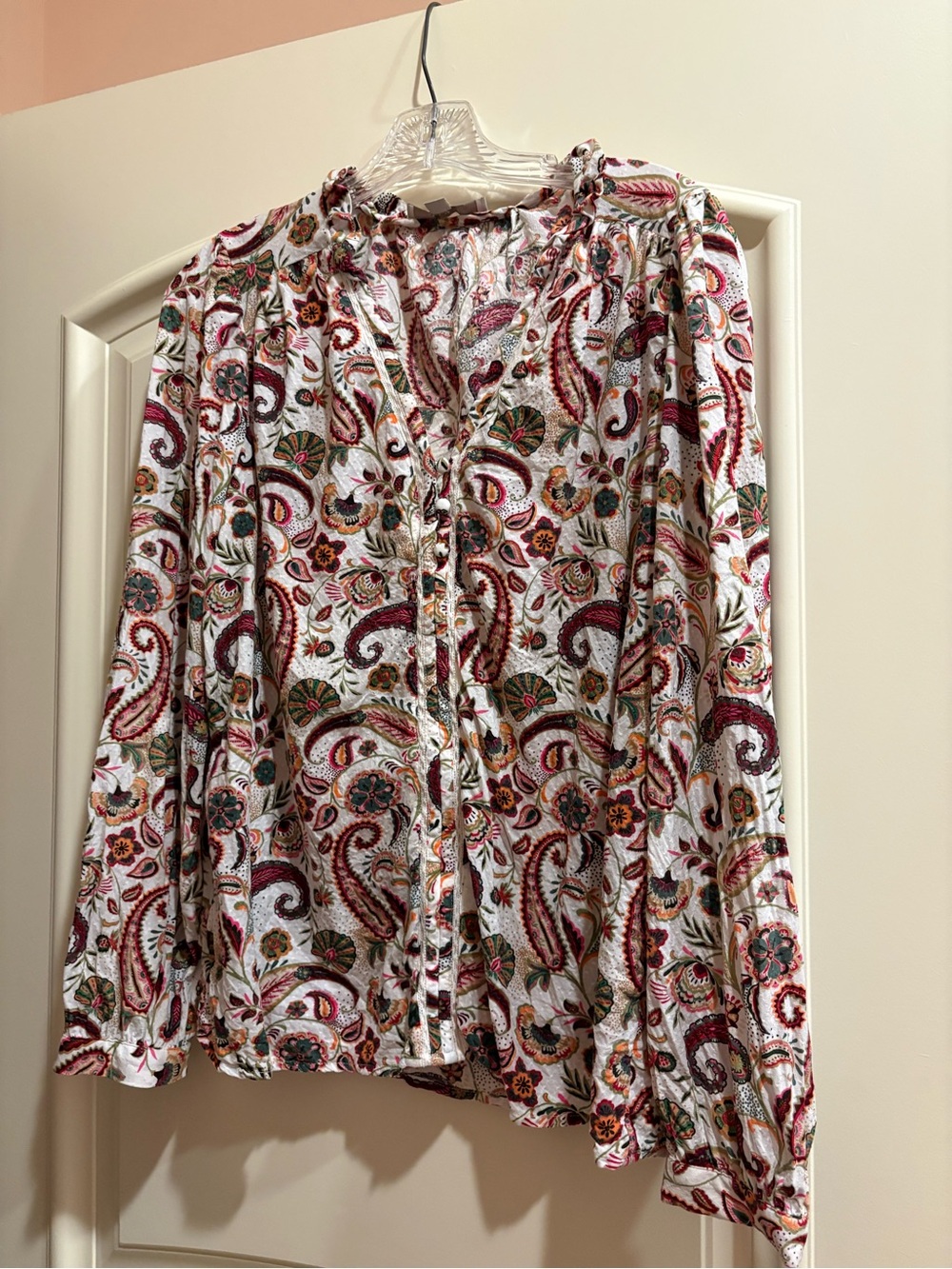 LOFT White Paisley Tie-Neck Long Sleeve Blouse